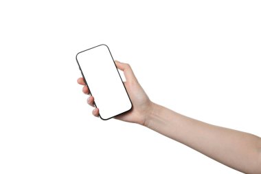 PNG, kadın eli akıllı telefon tutuyor, beyaz arka planda izole edilmiş.