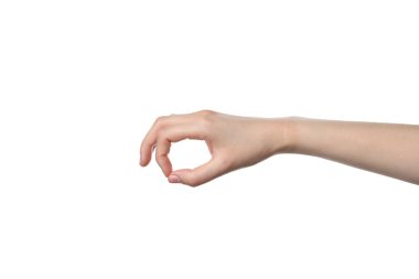 PNG, kadın eli tamam işareti gösteriyor, beyaz arkaplanda izole edilmiş.