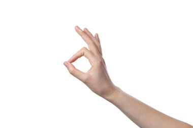 PNG, kadın eli tamam işareti gösteriyor, beyaz arkaplanda izole edilmiş.