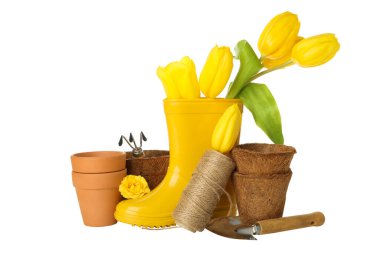 PNG, bahçe aletleri, çiçekler ve lastik botlar, beyaz arkaplanda izole edilmiş.