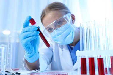 Mavi arka planda donör kanı olan laboratuvar asistanı ve test tüpleri.