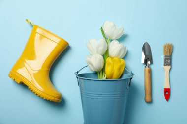 Bahçe malzemeleri, lastik bot ve mavi arka planda laleler, üst manzara.