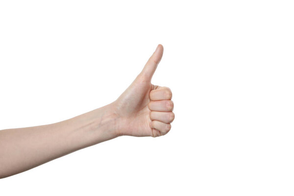 PNG,female hand shows thumb up, isolated on white background