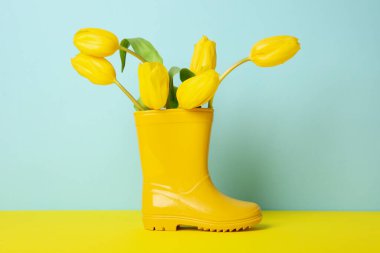 Mavi arka planda çiçekli sarı lastik çizme