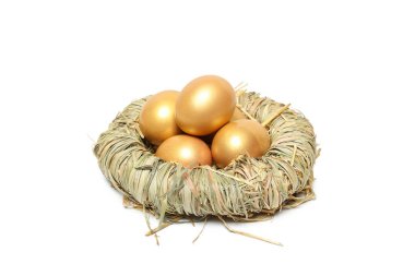 PNG, saman yuvasında altın yumurta, beyaz arka planda izole.