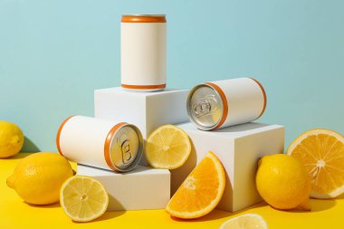 Beyaz bloklardaki teneke kutular ve mavi arkaplanda limonlar