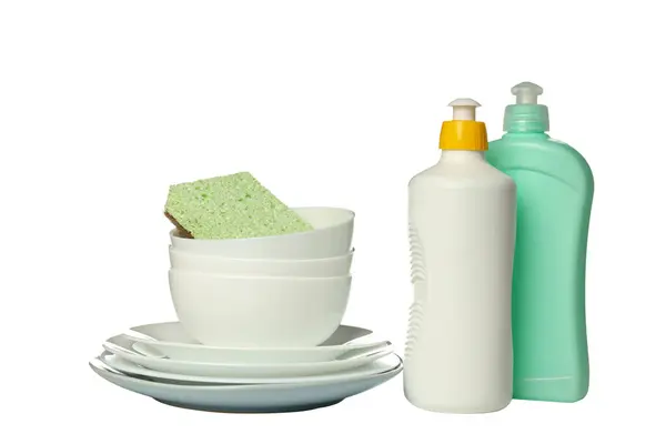 Png Detergente Com Esponja Pratos Isolado Sobre Fundo Branco — Fotografia de Stock