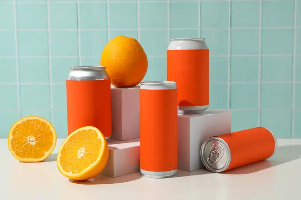 Tin cans with red labels and oranges on blue background