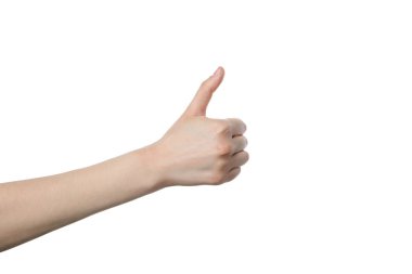 PNG, kadın eli baş parmağını gösteriyor, beyaz arka planda izole edilmiş.