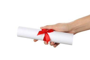 PNG, elinde lisans diploması, beyaz arka planda izole edilmiş..