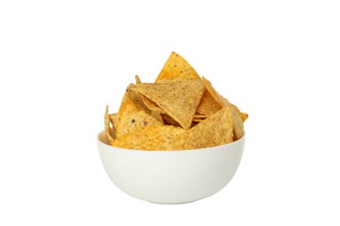 PNG, bir kasede üçgen patates cipsi, beyaz arka planda izole.