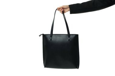 PNG, elinde siyah deri çanta, beyaz arka planda izole edilmiş.