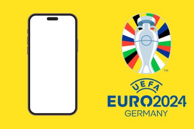 KYIV, UKRAINE - 16 Mayıs 2024: Almanya 'da UEFA Euro 2024 için akıllı telefonlu tasarım, futbol kupası, futbol yazı