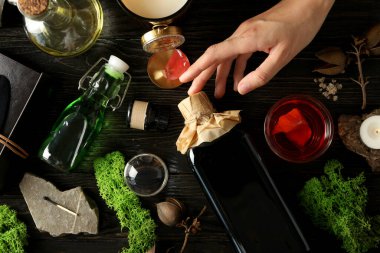 Concept of witchcraft, things for rituals on the table.