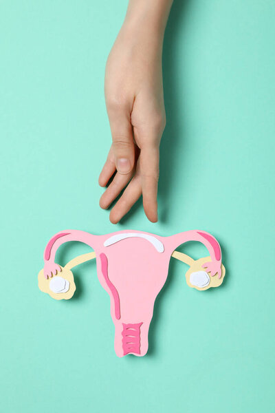 Paper uterus and female hand on blue background, top view