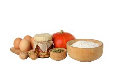 PNG, fırın, fındık ve balkabağı malzemeleri, beyaz arka planda izole