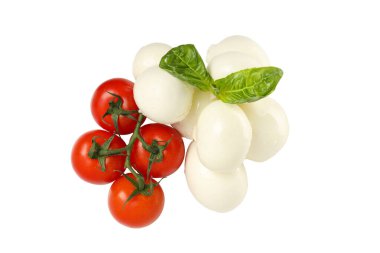 PNG, Mozzarella peyniri, domates ve fesleğen, beyaz arka planda izole edilmiş, üst manzara