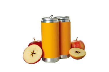 PNG, iki teneke kutu ve elma, beyaz arka planda izole edilmiş.