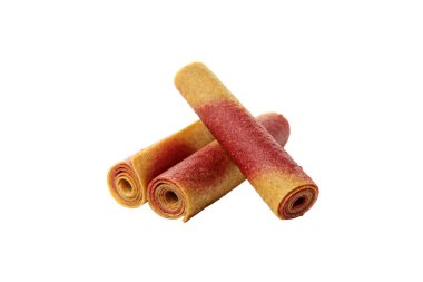 PNG, üç rulo meyve pastili, beyaz arka planda izole edilmiş.