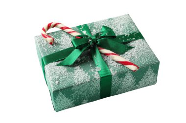 Happy new year, green gift box with green bow and striped lollipop close up, created with Generative AI technology, PNG clipart