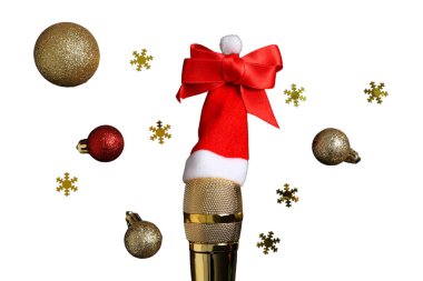 PNG, Christmas gifts with microphone, microphone with santa hat isolated on white background. clipart