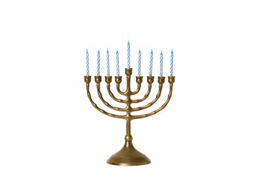 Mutlu Hanukkah 'lar, altın Yahudi Hanukkiah şamdanı çizgili mumlarla üretici yapay zeka teknolojisi PNG ile yaratıldı.
