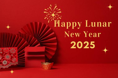 Çin Yeni Yılı. Geleneksel Çin dekorlu yeni yıl posteri..