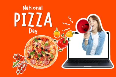 Pizza günü, turuncu arka planda hamurlu pizza.