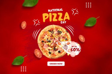 Pizza günü, kırmızı arka planda duyurusu olan bir pizza.