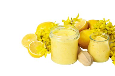 PNG, Lemon curd, lemon with cream in a glass, transparent jar, isolated on a white background. clipart