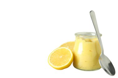 PNG, limon, kremalı krema, şeffaf kavanoz, beyaz arka planda izole edilmiş..