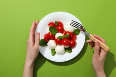 Yeşil arka planda beyaz bir kasede Caprese salatası.