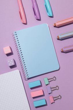 Menekşe arkaplanda kırtasiye malzemesi olan iki defter