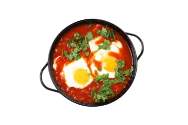 PNG, Shakshuka bir kasede, beyaz arka planda izole edilmiş.