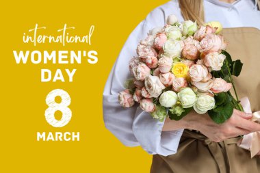 8 March, international women's day, a bouquet of white roses in women's hands on a yellow background, with text clipart