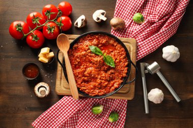 Bolonez sosu, lezzetli ve lezzetli yemek konsepti.
