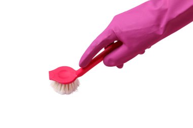 Bahar temizliği, temiz fırçalı pembe lastik eldiven, beyaz arka planda izole edilmiş, PNG.
