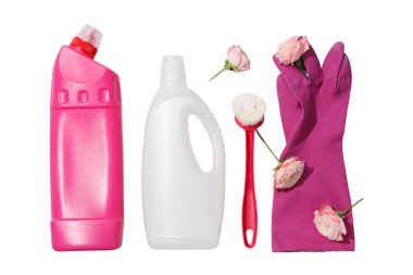 Bahar temizliği, temizlik ekipmanları ve çiçekler, beyaz arka planda izole edilmiş, PNG