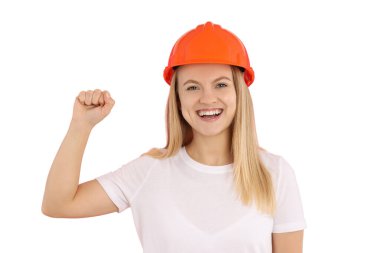 PNG, 8 Mart. Beyaz arka planda izole edilmiş feminist jestli, inşaat üniformalı bir kız..