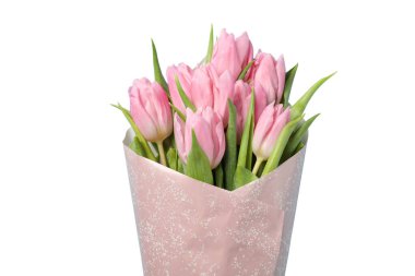 8 Mart, Uluslararası Kadınlar Günü, kağıda sarılı pembe laleler, yakın plan, beyaz arka plan, PNG