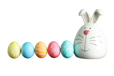 PNG, Paskalya, tavşanlı boyalı Paskalya yumurtaları, yazı için yeri olan, beyaz arka planda izole edilmiş.