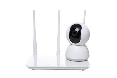 PNG, beyaz arka planda izole edilmiş Wi-Fi yönlendiricili beyaz güvenlik kamerası.