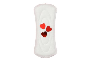 Kadın hijyeni ve regl dönemi, kadın hijyen ürünlerine dikkat çekmek için renkli kalpler, beyaza izole edilmiş, PNG