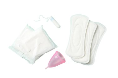 Kadın hijyeni ve regl dönemi, kadın hijyen malzemeleri: pedler, tamponlar ve bardaklar, beyaz, PNG