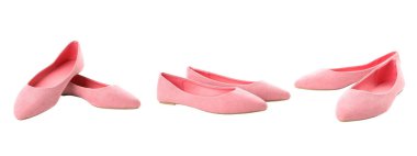 Yumuşak pembe bale ayakkabıları günlük kıyafetlere ve sıcak havaya uygun, beyaz tenli.