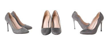 Gri topuklu ayakkabılar çeşitli kıyafetler için uygun, beyaz üzerinde izole.