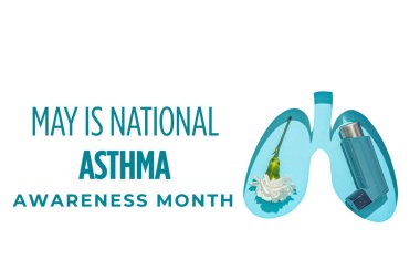 Mayıs, Ulusal Astım Bilinci Ayı, akciğerlerin altını çizmek ve mavi arka planda bir astım spreyi