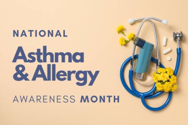 Astım ve Alerji Bilinci Ayı, parlak sarı çiçekler ve steteskop astım ve alerji farkındalığının önemini vurgular.