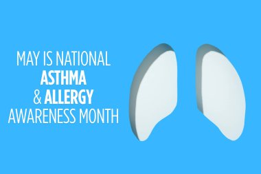 Astım ve alerji farkındalığı ayında parlak mavi bir arka planda akciğer imgeleri yer alır.