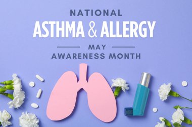 Astım ve Alerji Farkındalık Ayı, Lavanta arka planı anahtar öğelerle bir astım ve alerji farkındalığı kampanyası gösteriyor